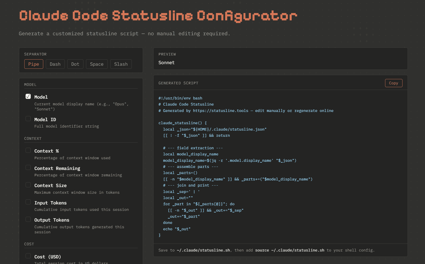 Claude Code Statusline Configurator app showing module selection and script preview