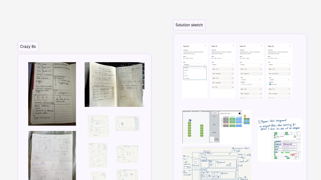 Dynamic Desks UX design process showing Crazy 8s paper sketches alongside a digital solution wireframe for desk assignment panels