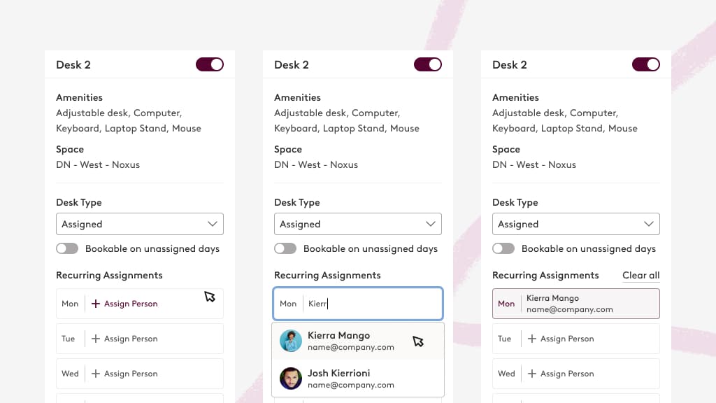 Dynamic Desks recurring desk assignment UI showing Desk 2 settings with employee search autocomplete — typing a name surfaces Kierra Mango and Josh Kierrioni for Monday assignment