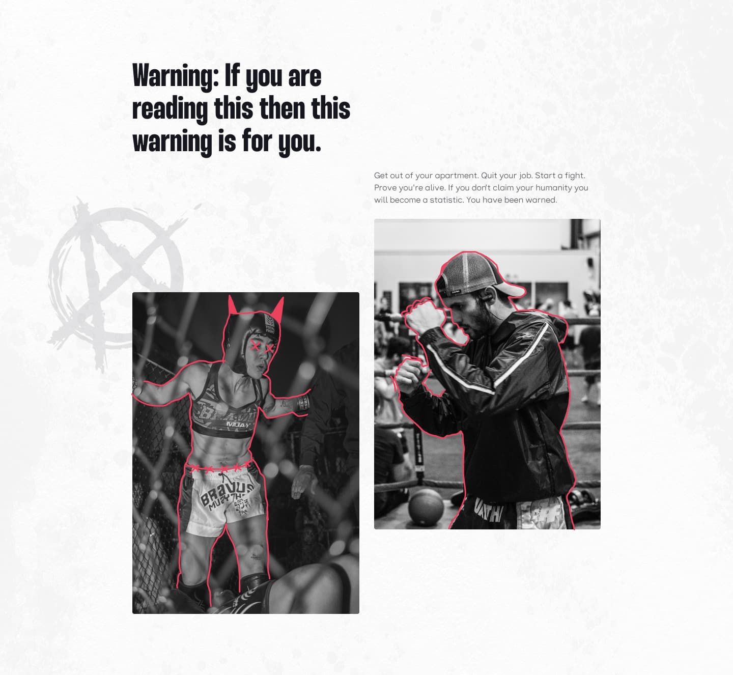 Fight Club about section with a provocative warning headline and two black-and-white MMA fighter photos outlined in neon red with an anarchy symbol backdrop