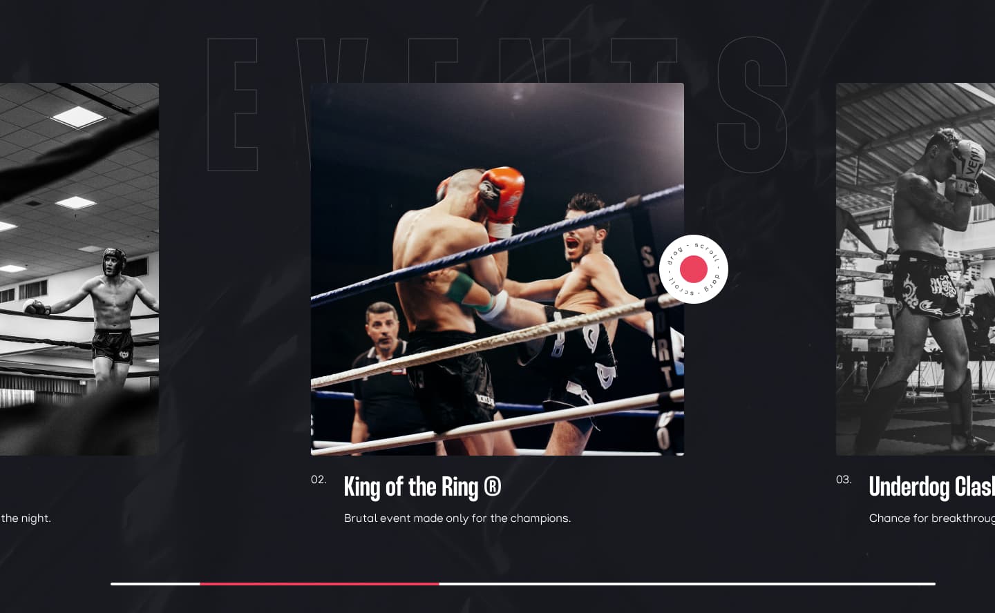 Fight Club events section showing a 'King of the Ring' boxing event with a live in-ring fight photo and a horizontal drag-to-scroll carousel of upcoming events