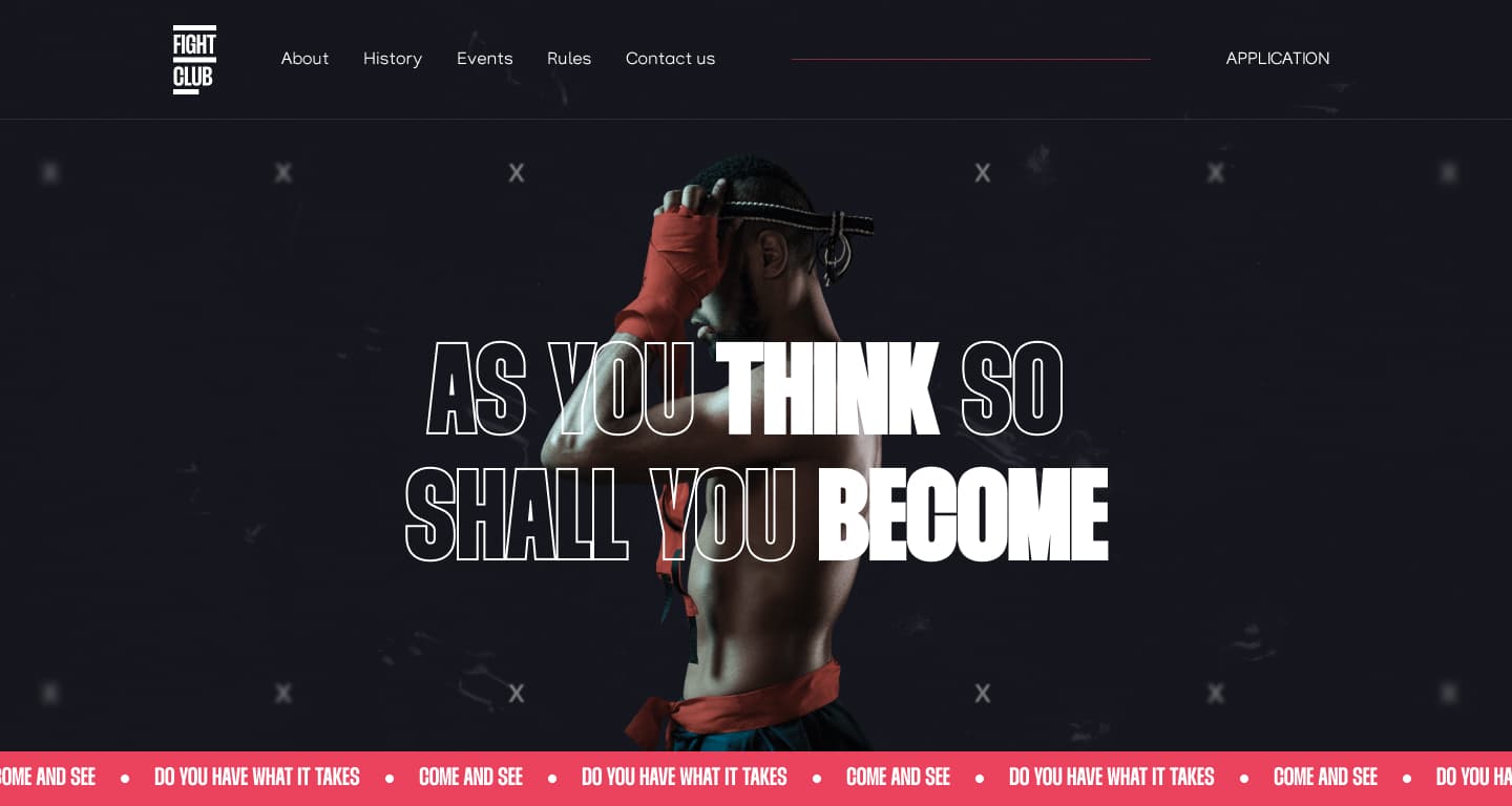 Fight Club website hero section featuring a boxer with red hand wraps and the motivational tagline 'As You Think So Shall You Become'
