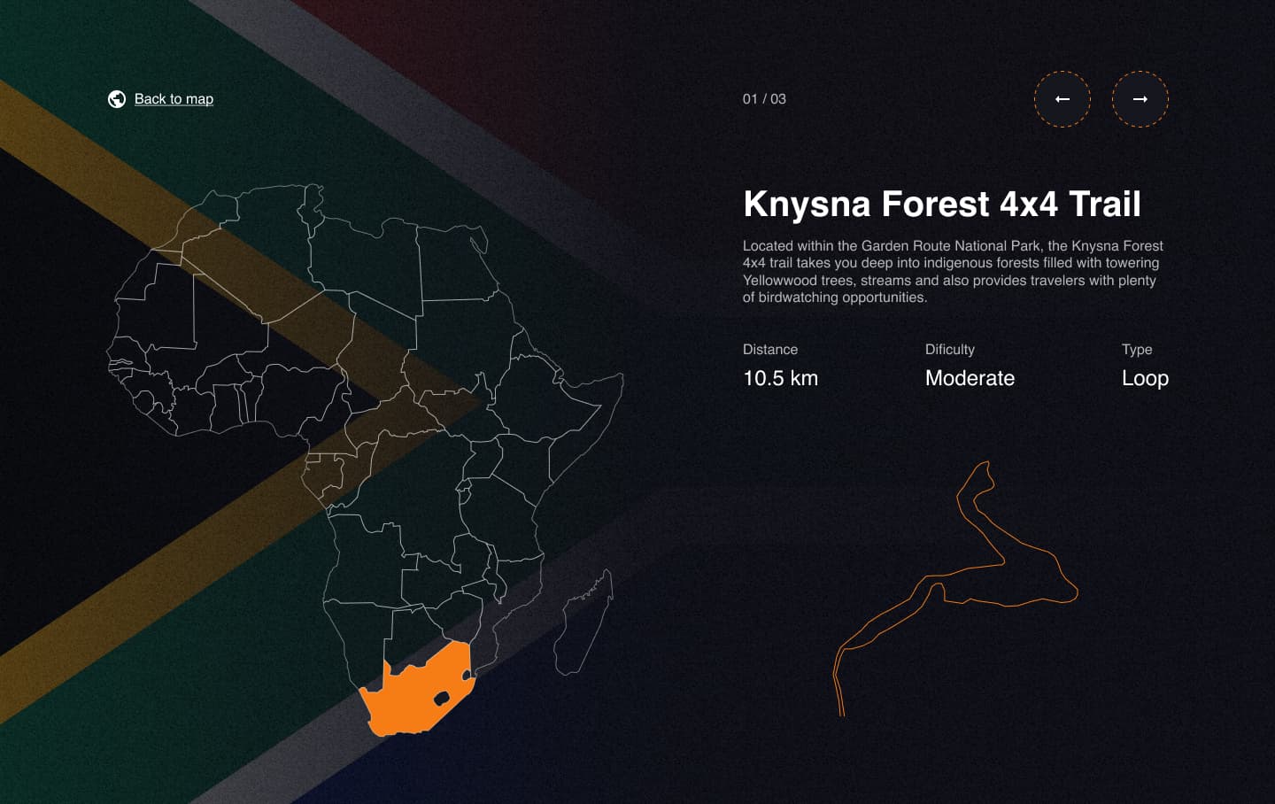 Jeep Africa route detail page showing the Knysna Forest 4x4 Trail in South Africa — 10.5km moderate loop with a trail path graphic and South Africa highlighted on the continent map