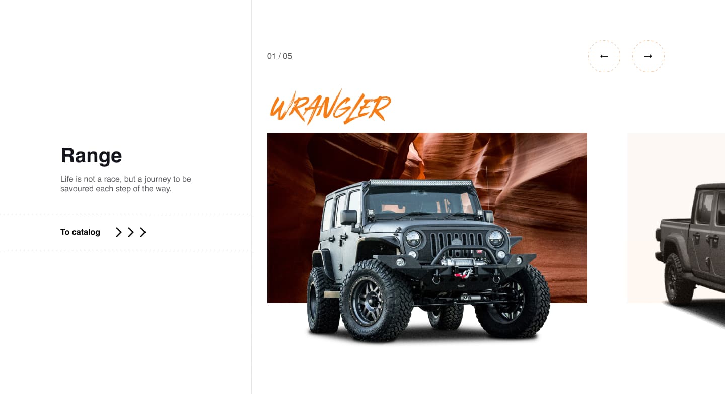 Jeep Range page showcasing the Wrangler model — a lifted Wrangler with off-road accessories set against a red canyon backdrop, slide 1 of 5