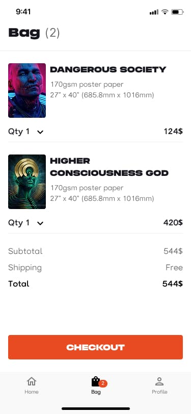 LookForArt shopping bag with two art prints — Dangerous Society at 124 dollars and Higher Consciousness God at 420 dollars — totaling 544 dollars with free shipping at checkout