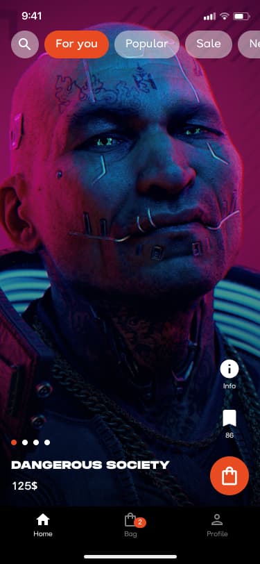 LookForArt home feed displaying the cyberpunk digital art print 'Dangerous Society' priced at 125 dollars, with For You, Popular, Sale, and New category filter tabs