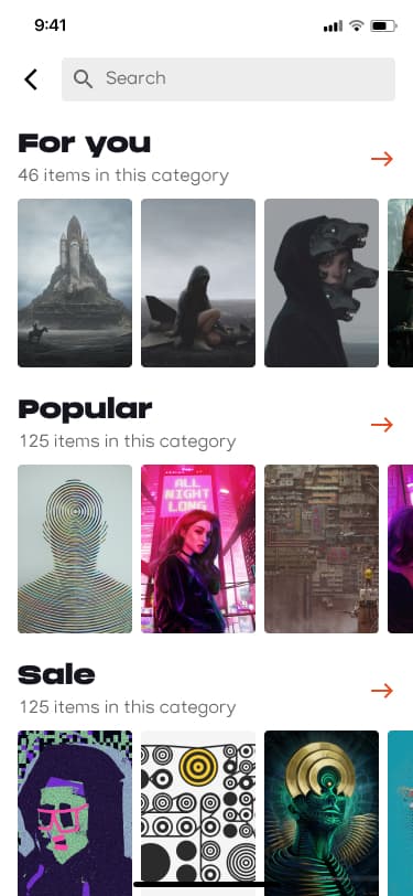 LookForArt browse screen showing art categories — For You with 46 items, Popular with 125 items, and Sale with 125 items — each with a thumbnail grid preview