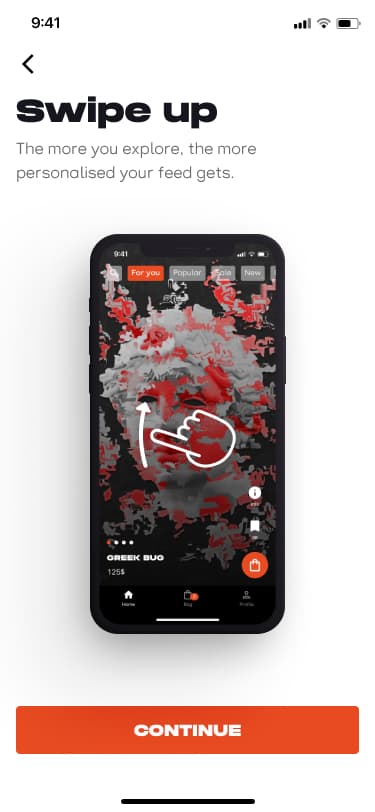LookForArt onboarding screen explaining the swipe-up gesture to browse a personalized art feed, with a phone mockup showing categorized artwork