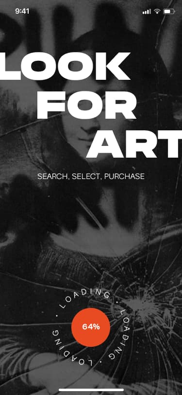 LookForArt app splash screen with bold typography, tagline 'Search, Select, Purchase', and a circular loading indicator at 64%