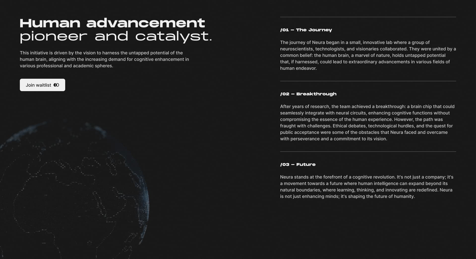Neura about page titled 'Human advancement pioneer and catalyst' with a three-chapter company story — The Journey, Breakthrough, and Future — alongside a rotating globe visualization