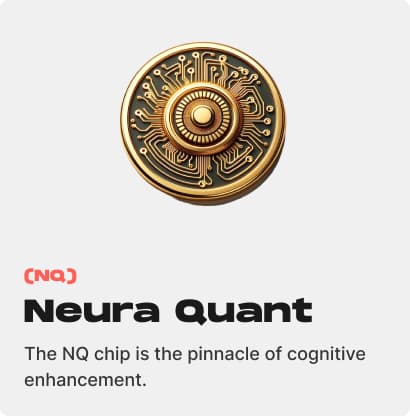 Neura Quant NQ cognitive enhancement chip product card featuring a gold coin-like circuit design, described as the pinnacle of cognitive enhancement