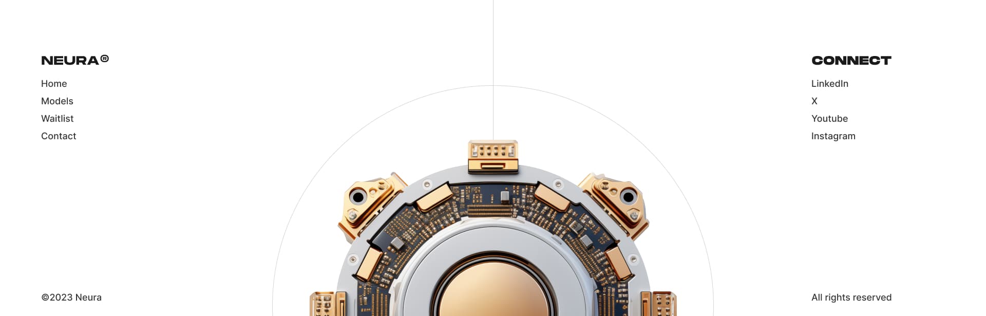 Neura website footer with site navigation, social media links to LinkedIn, X, YouTube, and Instagram, and a detailed gold and silver brain enhancement chip illustration centered above the copyright