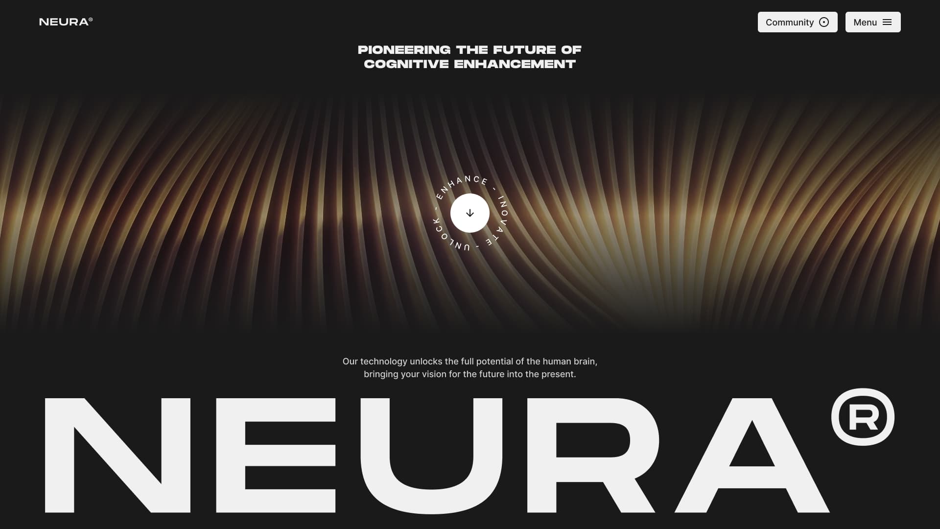 Neura website hero section with a dark background, abstract golden wave texture, and the headline 'Pioneering the Future of Cognitive Enhancement'