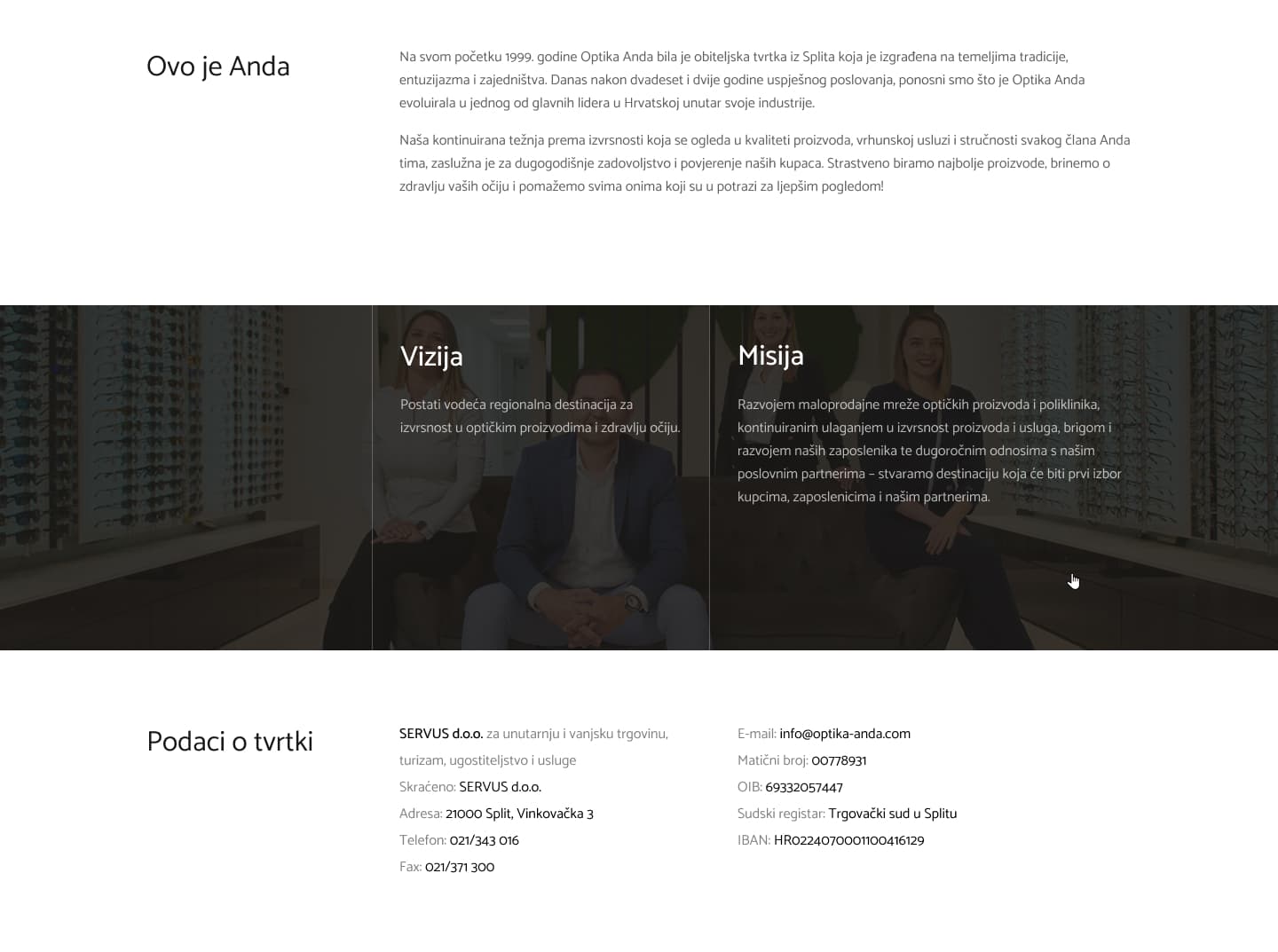 Optika Anda about page showing company history since 1999, vision and mission statements with a store team photo, and full legal company information