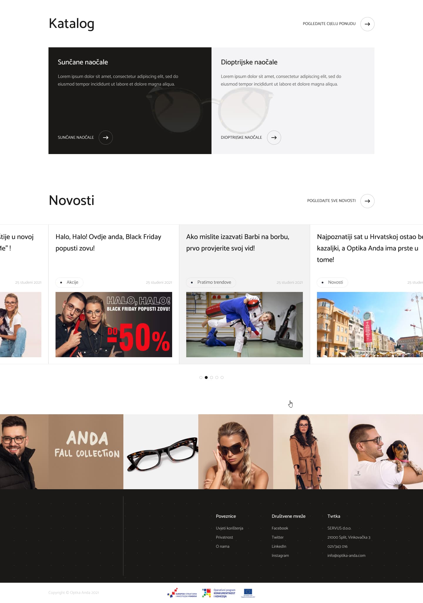 Optika Anda catalog page showing sunglasses and prescription glasses categories alongside a news section with Black Friday promotions and the Anda Fall Collection banner