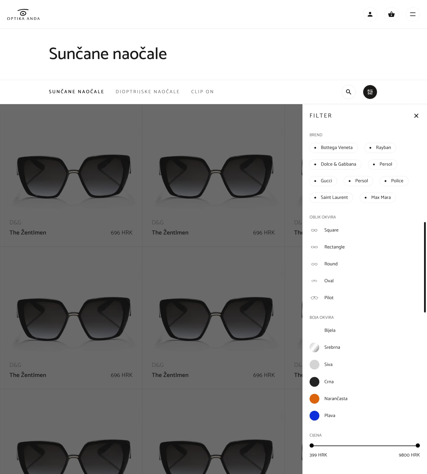 Optika Anda sunglasses catalog showing Dolce and Gabbana frames in a product grid alongside an open filter panel with brand, frame shape, color, and price range options