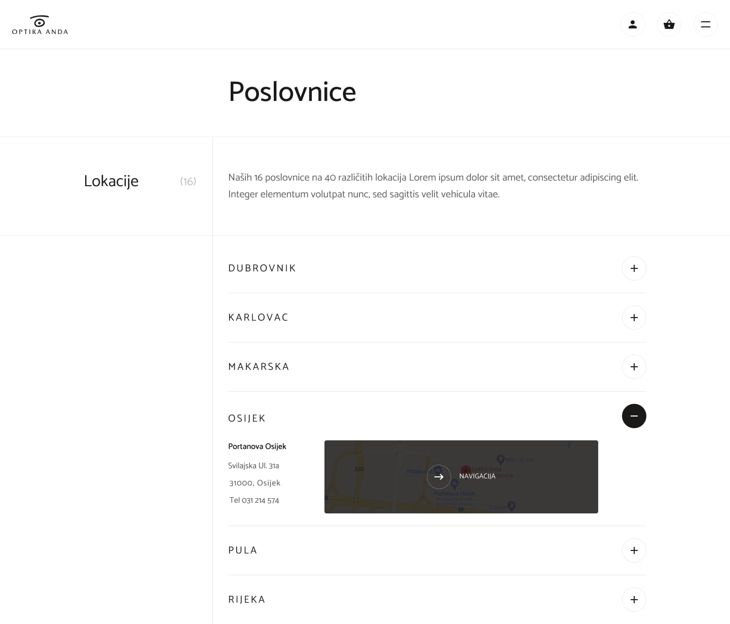Optika Anda store locations page listing 16 branches across Croatian cities including Dubrovnik, Karlovac, Osijek, and Pula with an expandable address and map per location