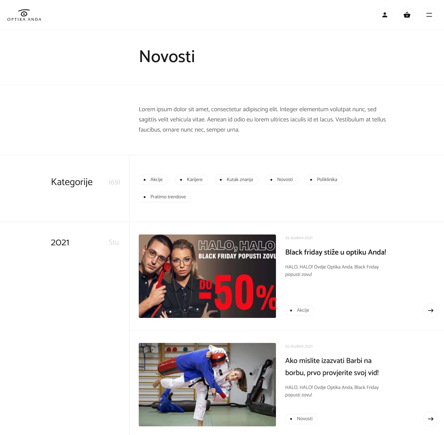Optika Anda news page with category filters — Akcije, Karijere, Novosti, Poliklinika — and articles including a Black Friday up to 50% off promotion and an eye health story