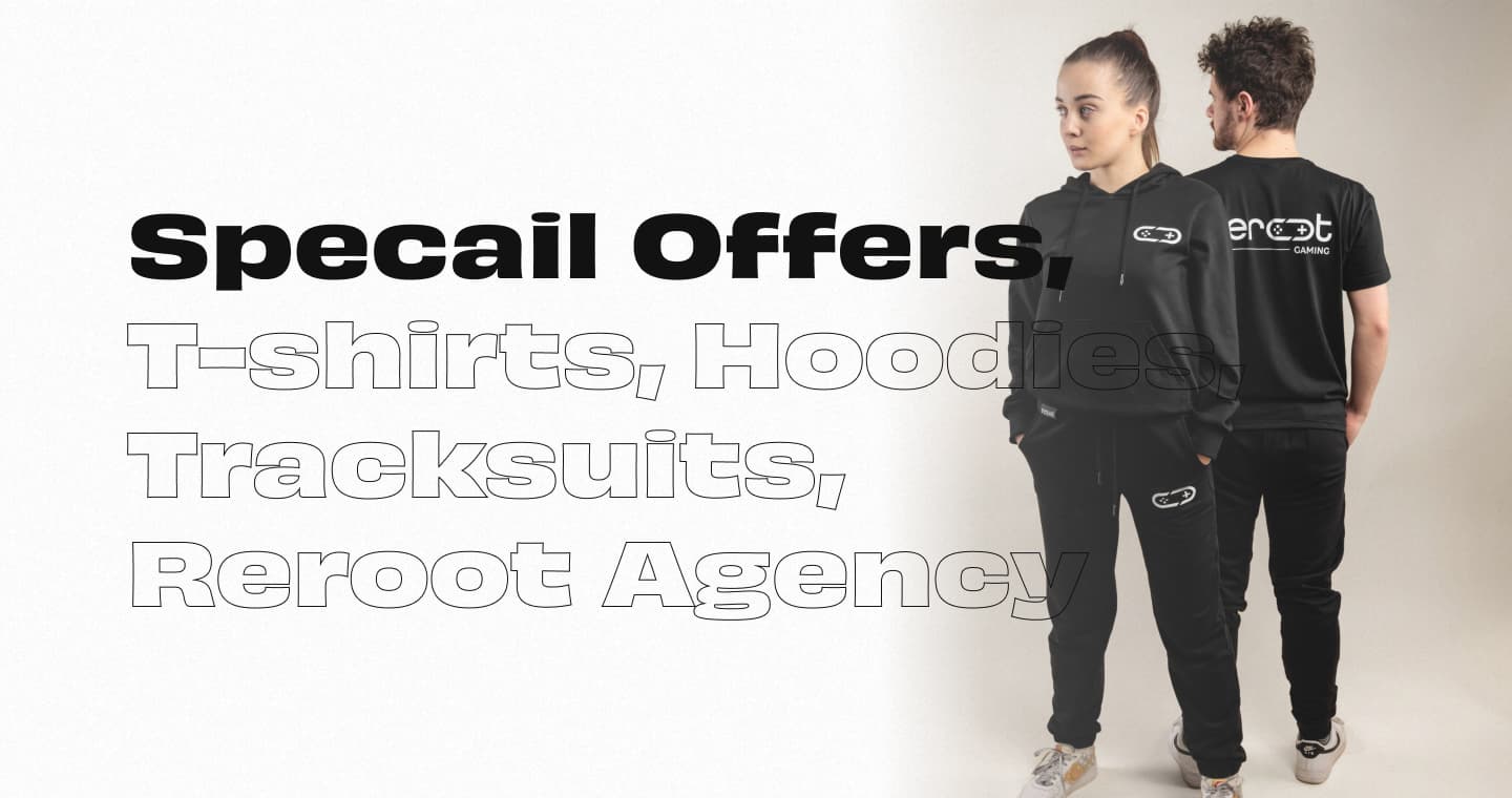 Reroot Gaming special offers banner with two models wearing branded black tracksuits and hoodies, promoting t-shirts, hoodies, tracksuits, and Reroot Agency services