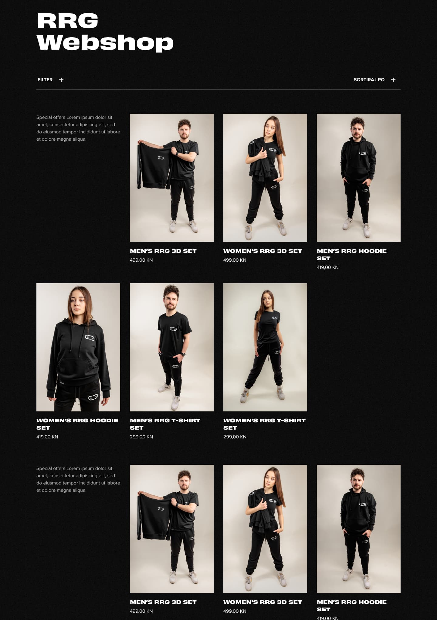Reroot Gaming RRG Webshop displaying branded black apparel — Men's and Women's 3D sets at 499KN, hoodie sets at 419KN, and t-shirt sets at 299KN