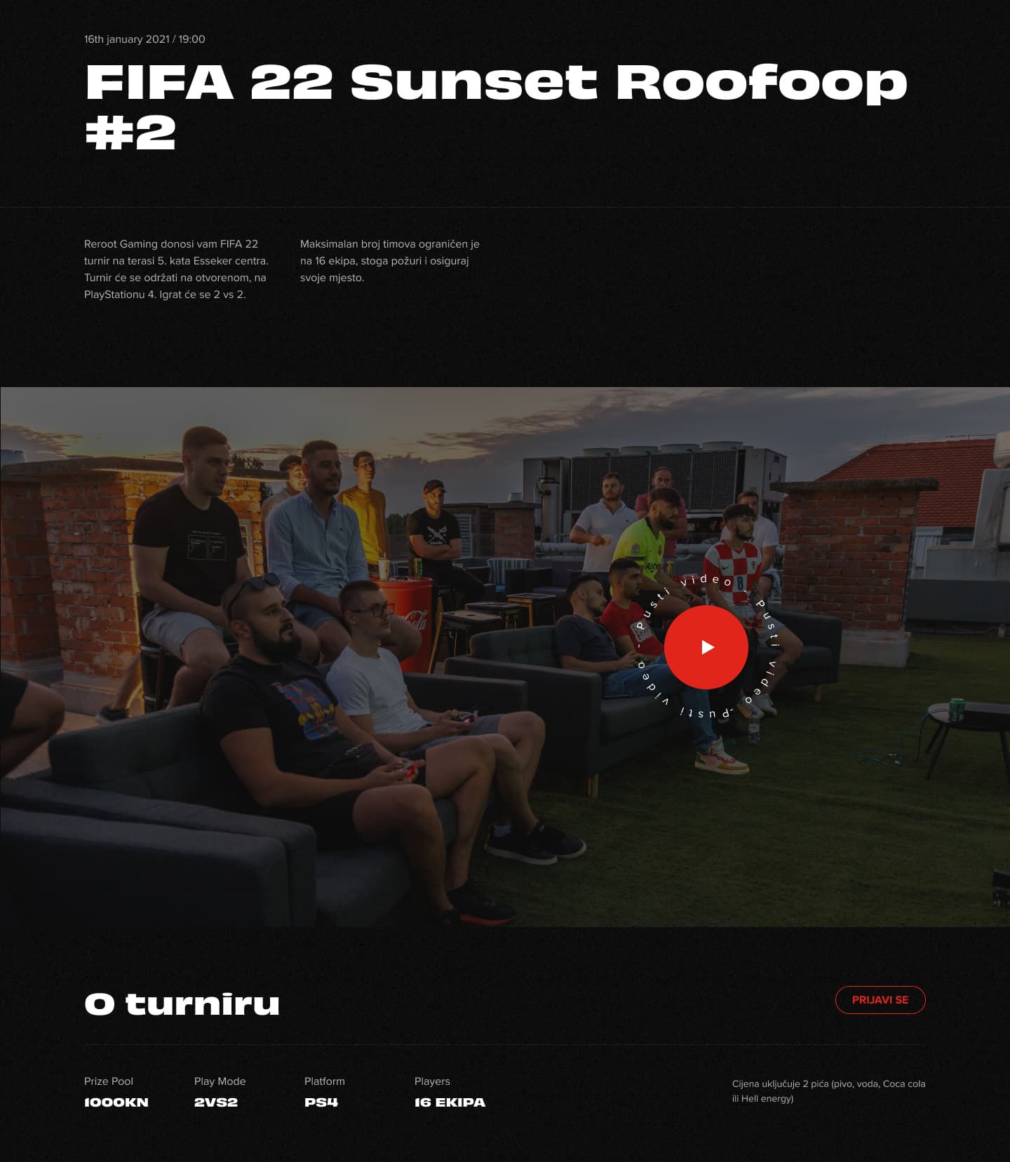 Reroot Gaming FIFA 22 Sunset Roofop tournament page showing a rooftop venue photo with 16 teams, 2VS2 format on PS4, and a 1000KN prize pool