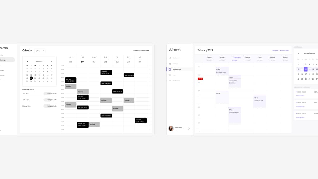 Teorem tutor scheduling dashboard showing two calendar views — a weekly grid with available and booked lesson slots and an upcoming lessons sidebar