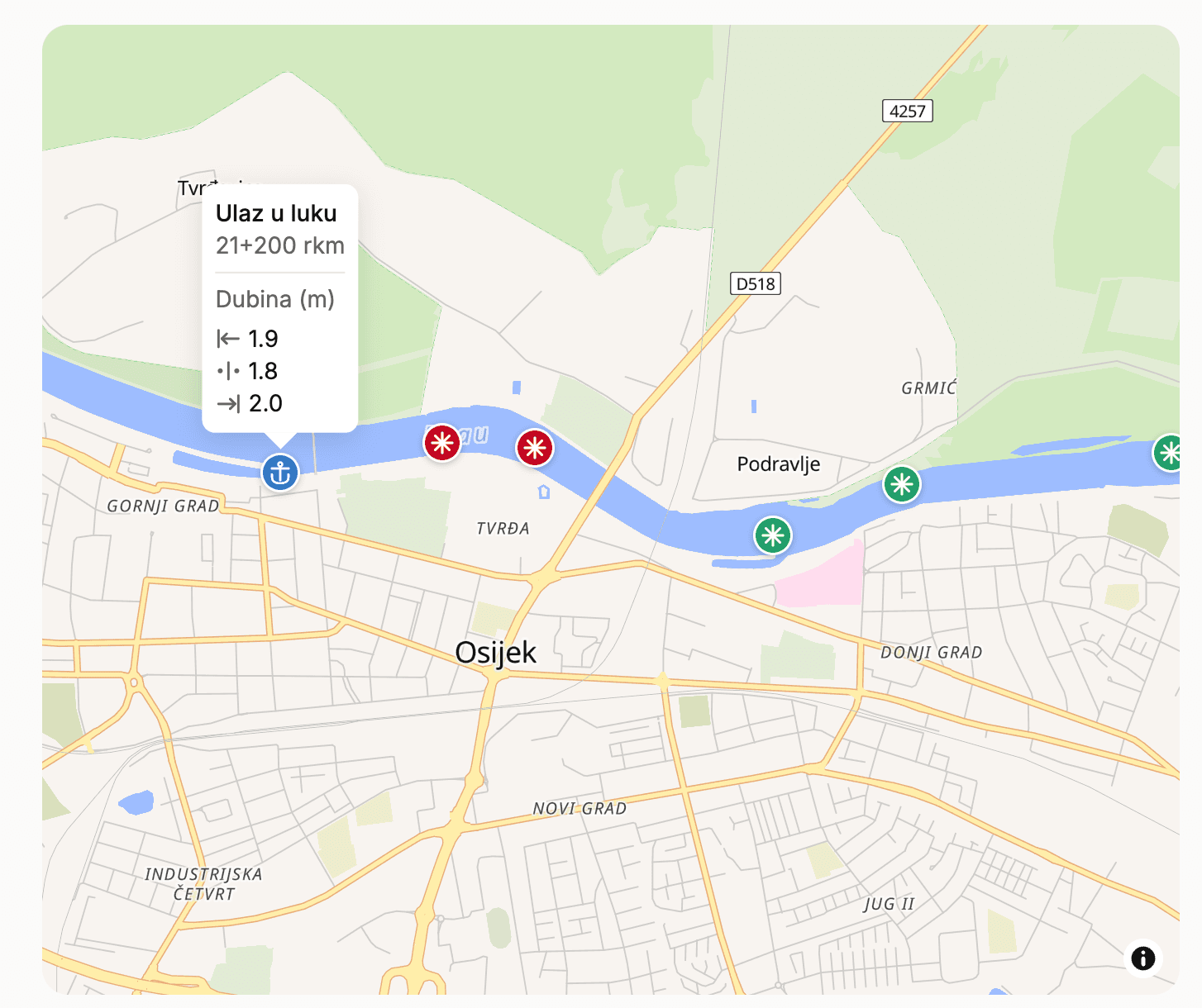 Map of the Drava river near Osijek showing buoy positions with depth readings from the latest navigation notices