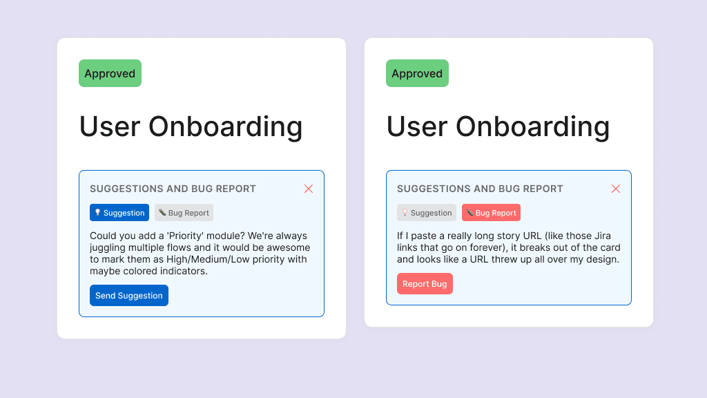 Figma widget feedback panel showing two side-by-side examples — a feature suggestion for a priority module and a bug report about long URLs overflowing the card layout