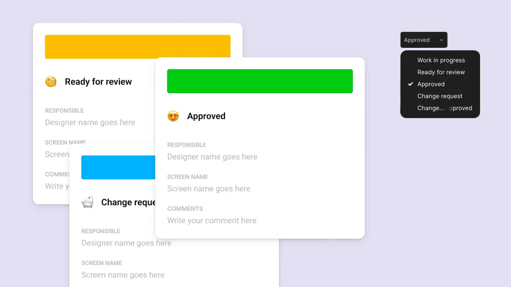 Figma design review widget showing status cards for Ready for Review, Approved, and Change Request states with a status dropdown selector