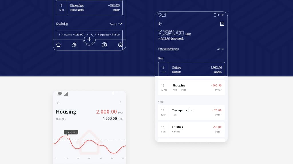 Money Manager app showing a dark-themed transaction history with income and expense activity chart alongside a Housing budget screen with a spending line graph