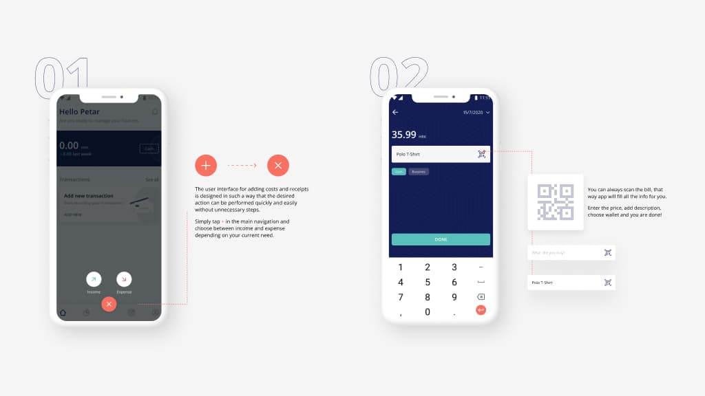 Money Manager transaction entry flows — manually adding income or expense by tapping the plus button, and scanning a receipt QR code to auto-fill transaction details